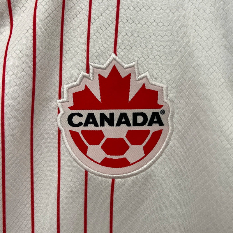Camisa Canadá Away II 2024/25 Nike masculina branca com detalhes vermelhos, gola careca e tecido leve respirável para torcedores"