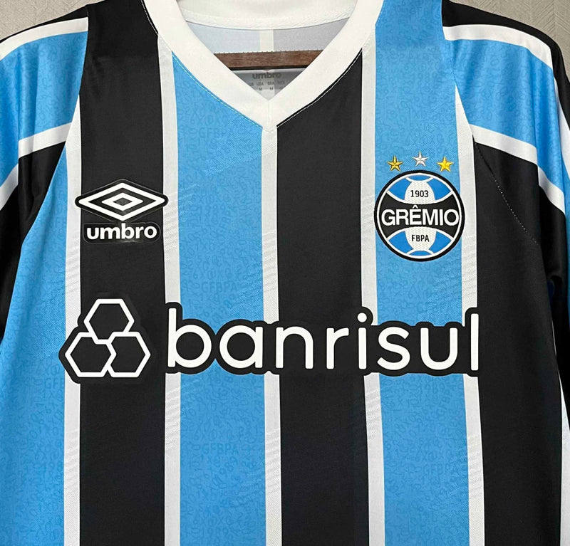 Camisa Grêmio Home 2024/25 Manga Longa Torcedor Masculina oficial, listras azul, preto e branco, escudo bordado, modelo confortável e moderno