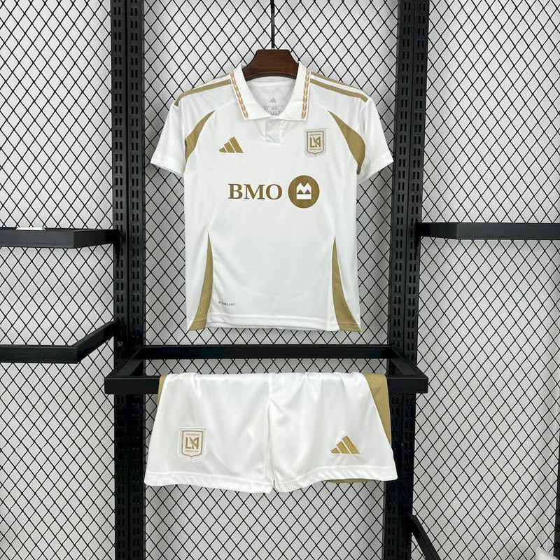 Kit Infantil Los Angeles FC Away II 2025/26 Adidas – Camisa e shorts em bege para crianças, uniforme oficial da temporada
