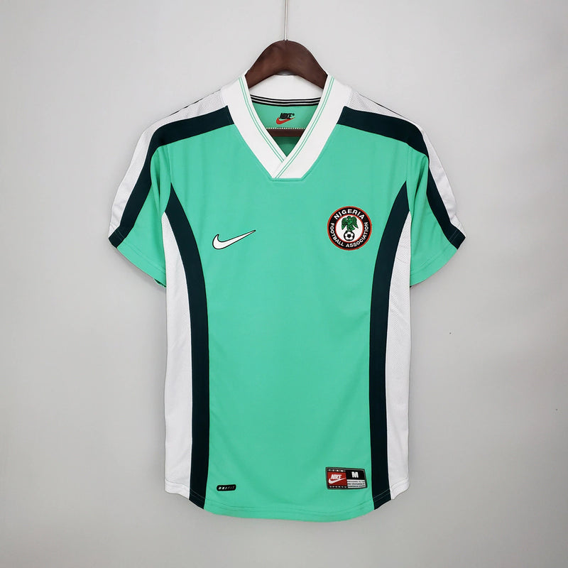 Camisa Nigéria Home I 1998/99 Nike Retrô Masculina verde, uniforme clássico das Super Eagles nos anos 90, modelo vintage histórico da seleção nigeriana de futebol”