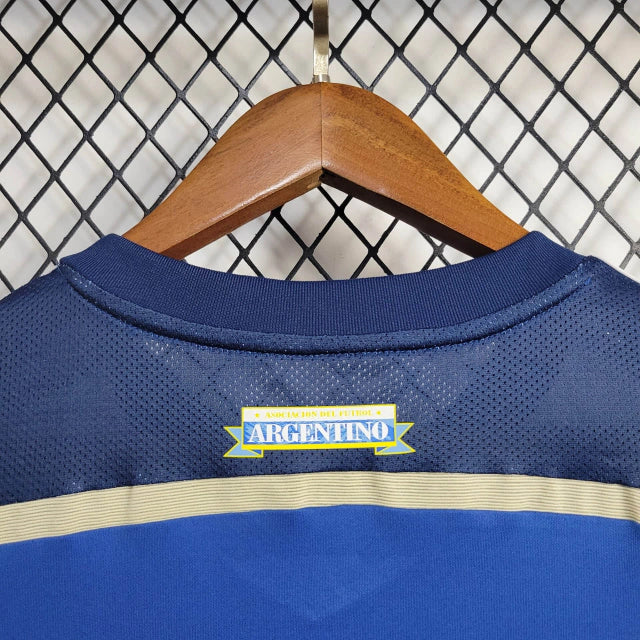 Camisa Argentina Away II 2014/15 Adidas Retrô Masculina azul marinho com detalhes celestes e dourados, modelo torcedor retrô de manga curta