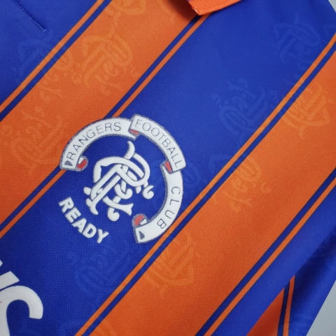 Camisa Rangers FC Away II 1993/94 Adidas Retrô Masculina Laranja, uniforme retrô clássico do Rangers, design vibrante e nostálgico dos anos 90 para torcedores apaixonados.”