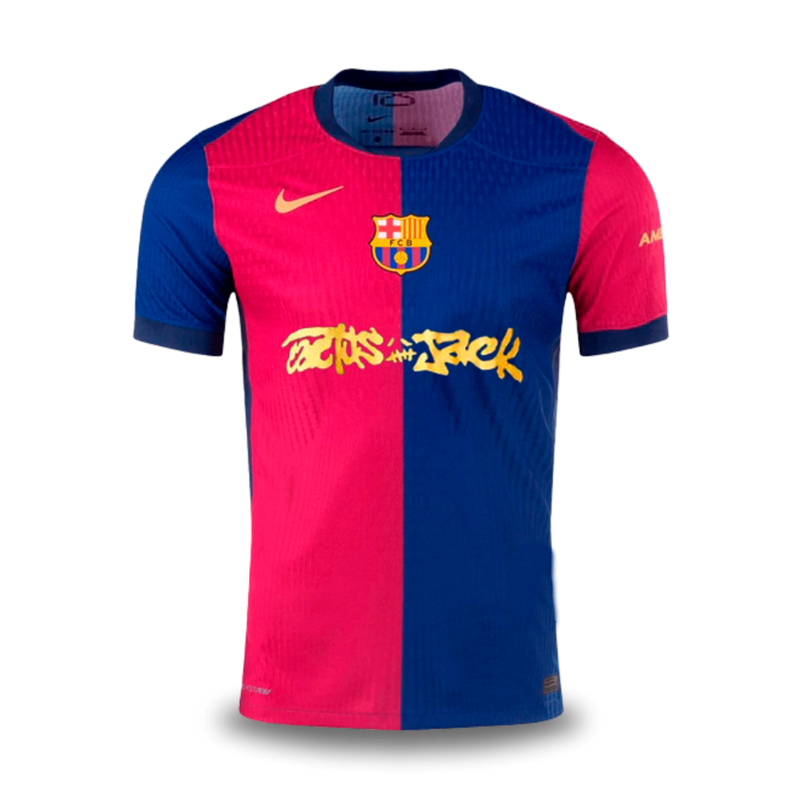 Compre agora a Camisa Barcelona Travis Scott 2025/26  edição especial nas cores vermelha e azul com escudo do clube e logo cactus Jack, modelo exclusivo e limitado com design moderno e tecnologia esportiva 