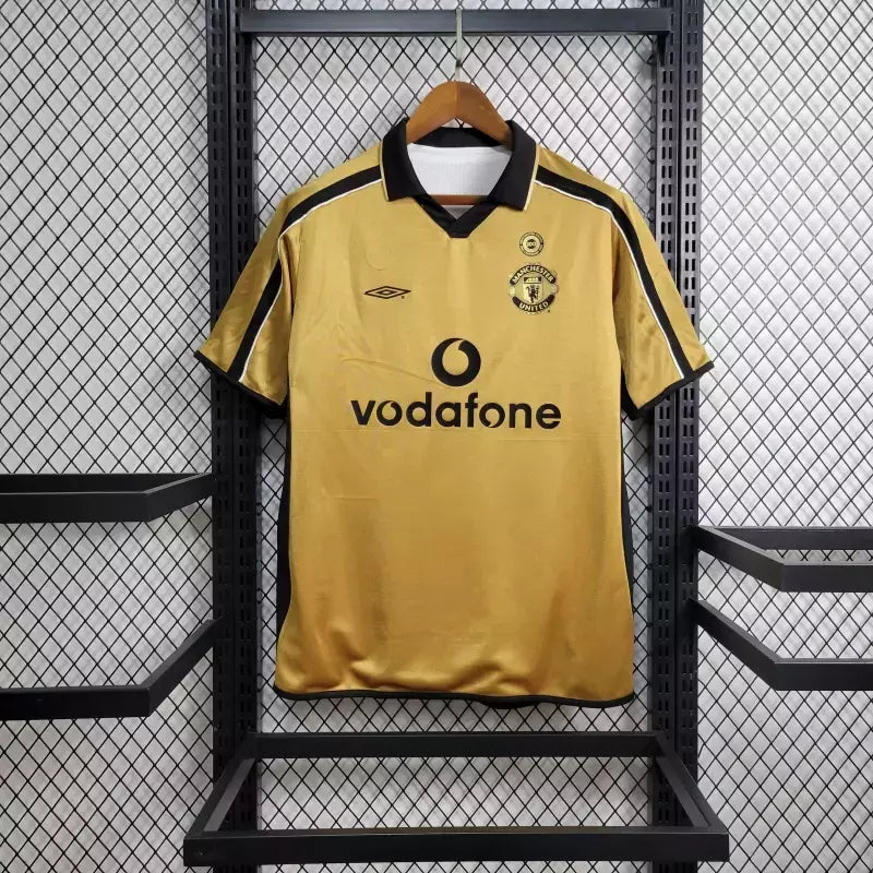 Camisa Manchester United "Dupla Face" Centenário Liga Inglesa 2001/02 Retrô Umbro - Branca e Dourada