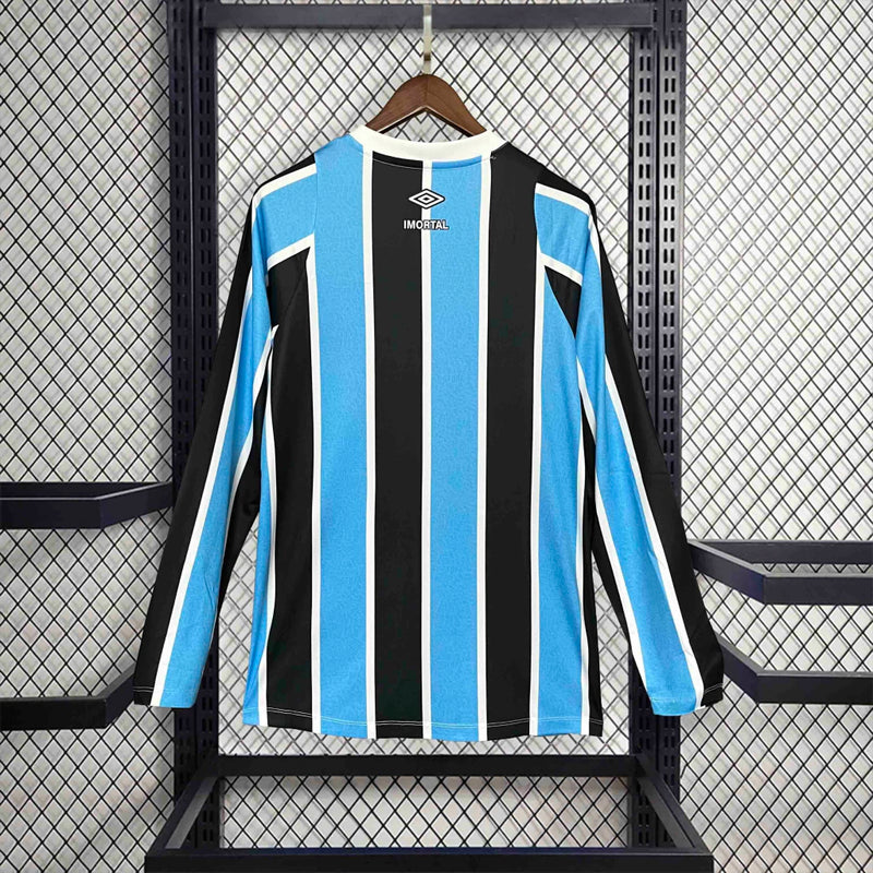 Camisa Grêmio Home 2024/25 Manga Longa Torcedor Masculina oficial, listras azul, preto e branco, escudo bordado, modelo confortável e moderno