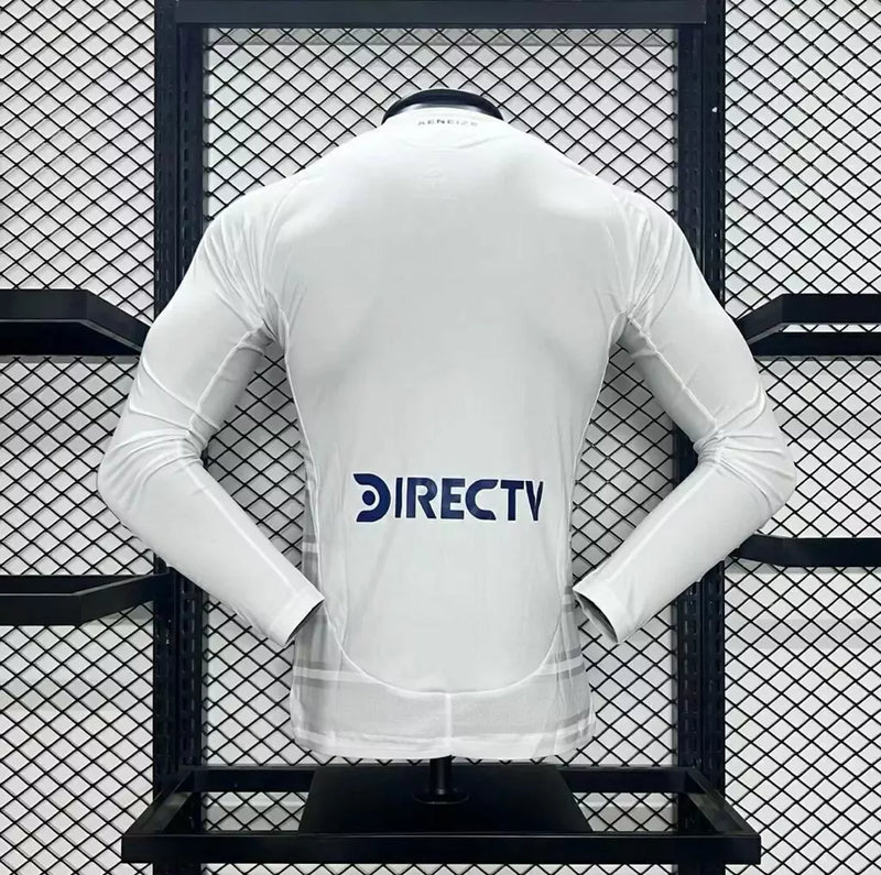 Camisa Boca Juniors Away (2) 2024/25 Adidas Jogador Manga Longa Branca – versão oficial de jogo, com faixa amarela e detalhes azuis, escudo do Boca Juniors em silicone e logo Adidas estampado.