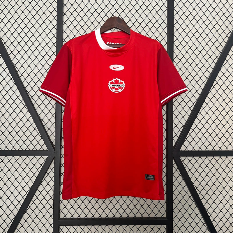 Camisa Canadá Home I 2024/25 Nike masculina vermelha com detalhes brancos, gola careca e tecido leve respirável para torcedores"