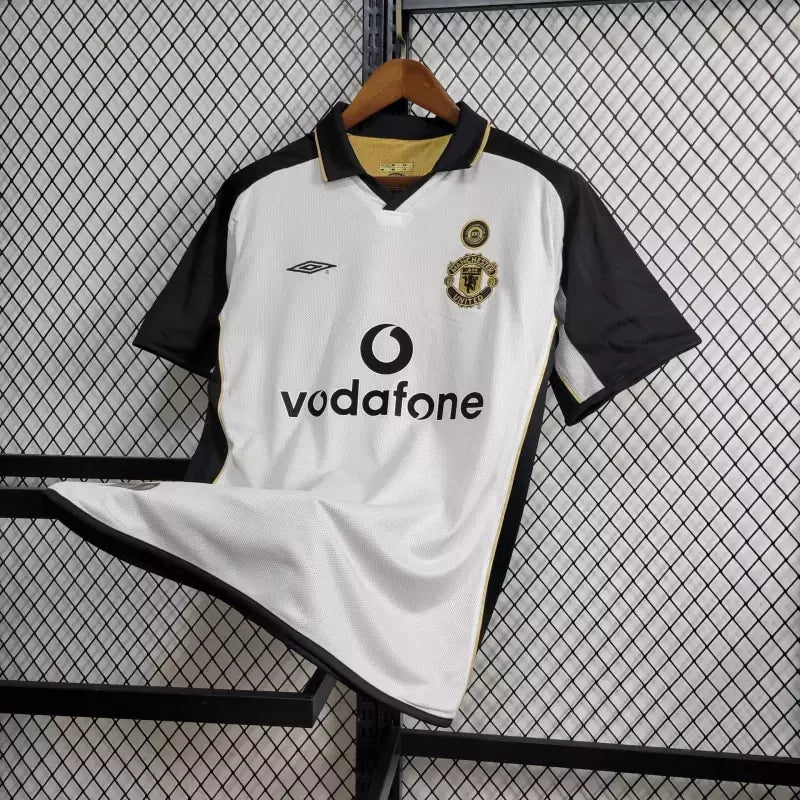 Camisa Manchester United "Dupla Face" Centenário Liga Inglesa 2001/02 Retrô Umbro - Branca e Dourada