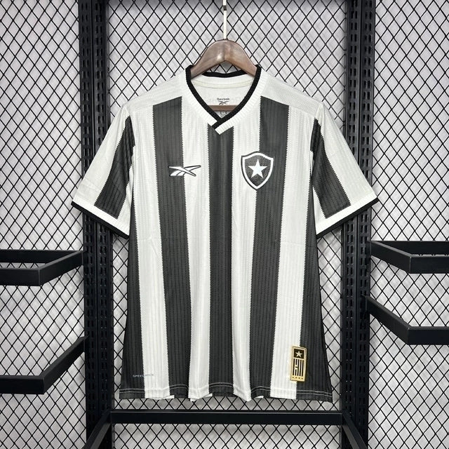 Camisa Botafogo Home 2024/25 Torcedor Masculina Adidas oficial preta e branca com listras verticais e escudo bordado