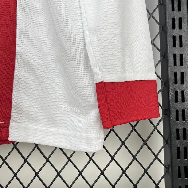 Camisa Ajax 125th Anniversary 2024/25 Adidas Torcedor Manga Longa Masculina branca com detalhes vermelhos, escudo comemorativo de 125 anos e logo Adidas bordado"