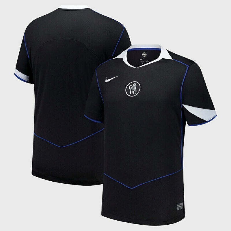 Camisa Chelsea Third (3) 2025/26 Nike Torcedor Masculina preta oficial, com escudo do Chelsea e logo Nike em destaque
