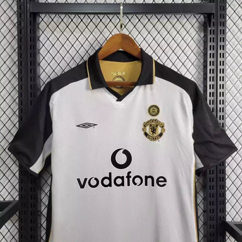 Camisa Manchester United "Dupla Face" Centenário Liga Inglesa 2001/02 Retrô Umbro - Branca e Dourada