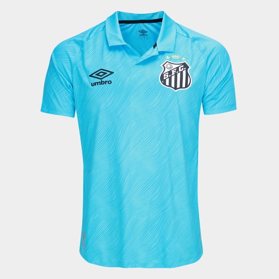 Camisa azul do santos FC Edição 2025/26 umbro masculina com escudo alto-relevo e design exclusivo.