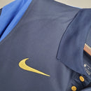 Camisa Finlândia Away II 2020/21 Nike retrô masculina azul marinho com detalhes brancos e dourados, gola redonda e mangas curtas, modelo clássico em tecido leve e respirável para torcedores e colecionadores"