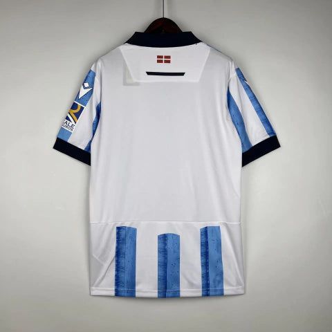 Camisa Real Sociedad Home I 2023/24 Torcedor Masculina - Branca e Azul
