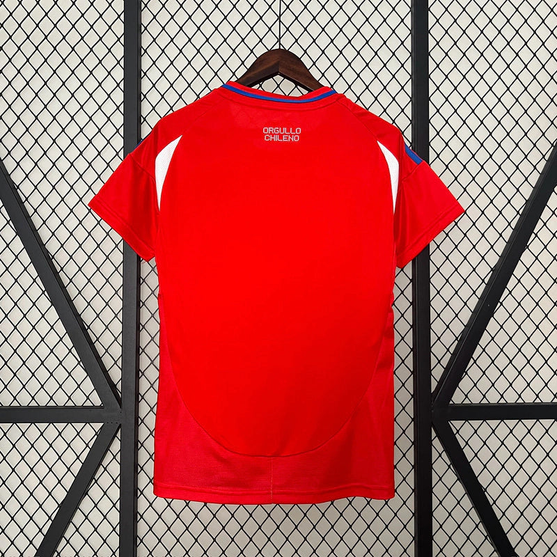 Camisa Chile Home 2024/25 Masculina para torcedor, vermelha com detalhes em azul e branco, modelo oficial da seleção chilena, ideal para fãs da Seleção do Chile"