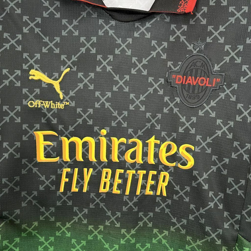Kit Infantil Milan 2025/26 Puma Edição Off White - Camisa e shorts com design urbano e escudo do clube em destaque para pequenos fãs de futebol