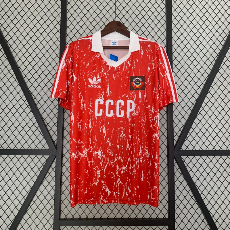 "Camisa União Soviética Home I 1990/91 Adidas retrô masculina vermelha com detalhes dourados, gola careca e tecido leve respirável para torcedores e colecionadores"