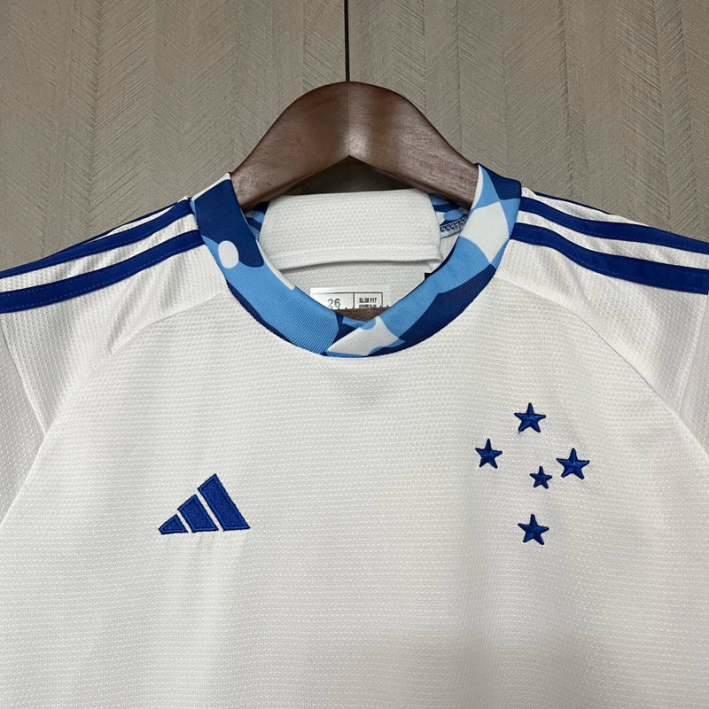 Kit Infantil Cruzeiro Away 2024/25 Branco Adidas - Camisa, shorts e meias oficiais para crianças de 3-4 a 12-13 anos