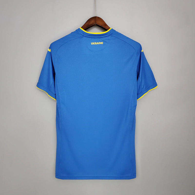 Camisa Ucrânia Away II 2020/21 masculina azul com detalhes em amarelo, gola careca e tecido leve respirável para torcedores"