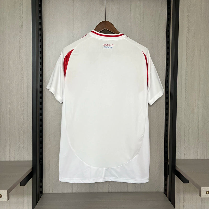 Camisa Chile Away II 2024/25 Adidas masculina branca com detalhes vermelhos e azuis, gola careca e tecido leve respirável para torcedores"