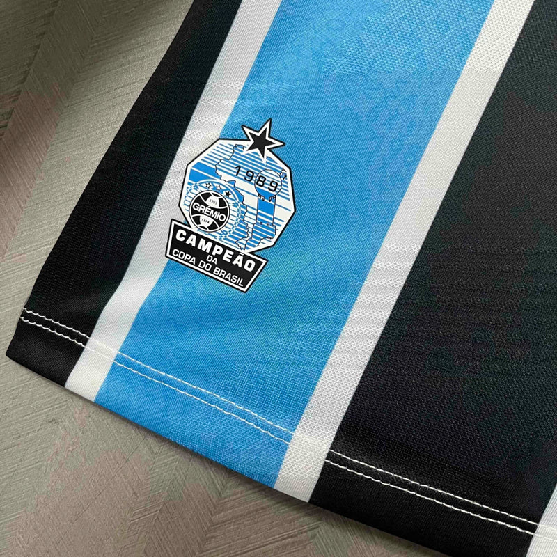 Camisa Grêmio Home 2024/25 Manga Longa Torcedor Masculina oficial, listras azul, preto e branco, escudo bordado, modelo confortável e moderno
