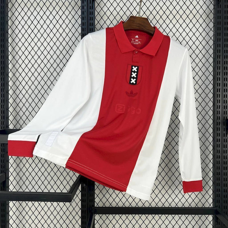 Camisa Ajax 125th Anniversary 2024/25 Adidas Torcedor Manga Longa Masculina branca com detalhes vermelhos, escudo comemorativo de 125 anos e logo Adidas bordado"