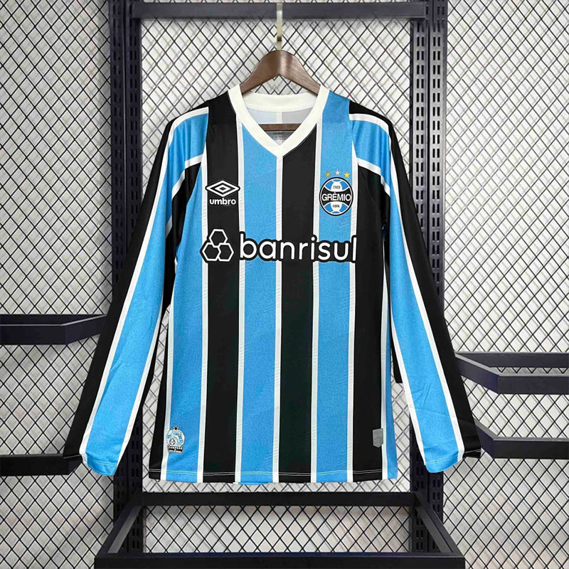 Camisa Grêmio Home 2024/25 Manga Longa Torcedor Masculina oficial, listras azul, preto e branco, escudo bordado, modelo confortável e moderno