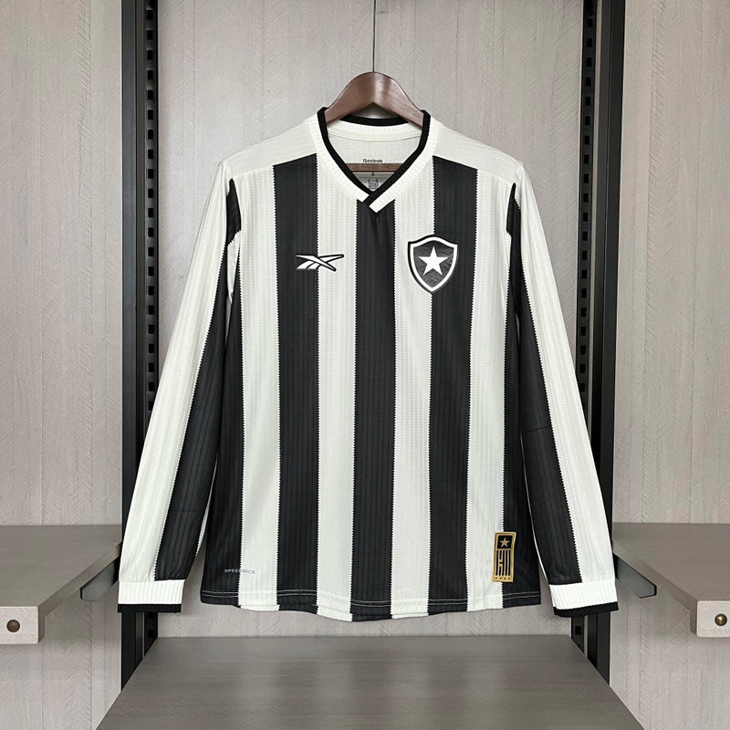 Camisa Botafogo Home 2024/25 Manga Longa Torcedor Masculina Adidas oficial preta e branca com listras verticais e escudo bordado