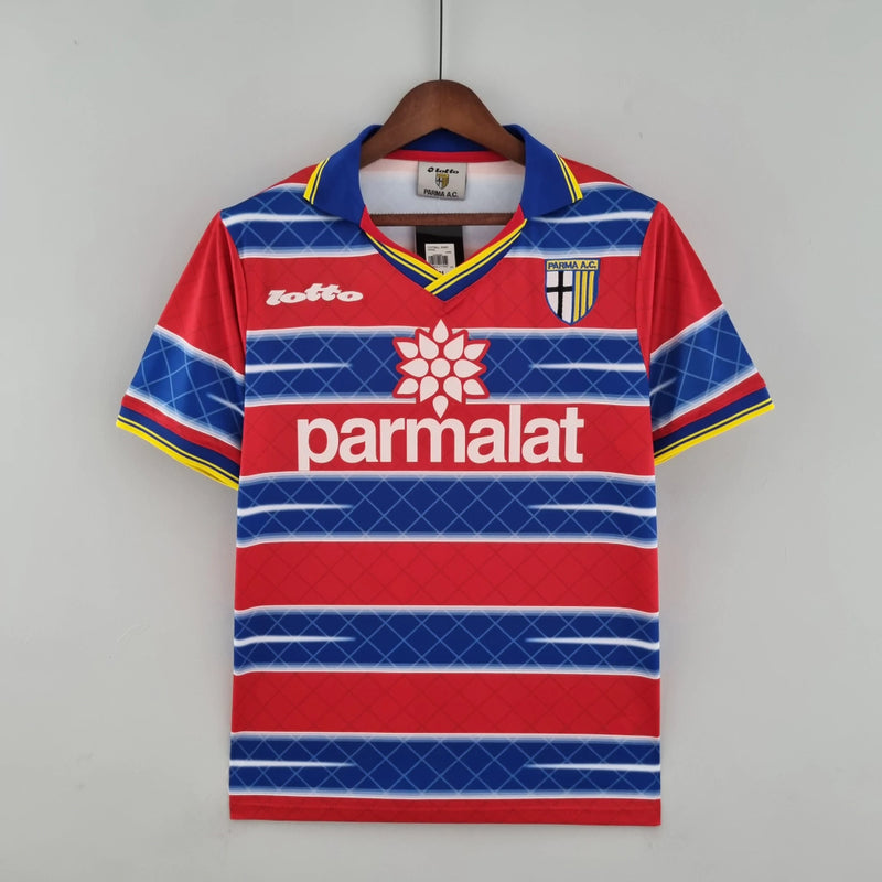 Camisa Parma Goleiro 1998/99 Retrô Masculina Vermelha e Azul com escudo histórico bordado, design vintage e inspiração nos goleiros lendários do futebol italiano.