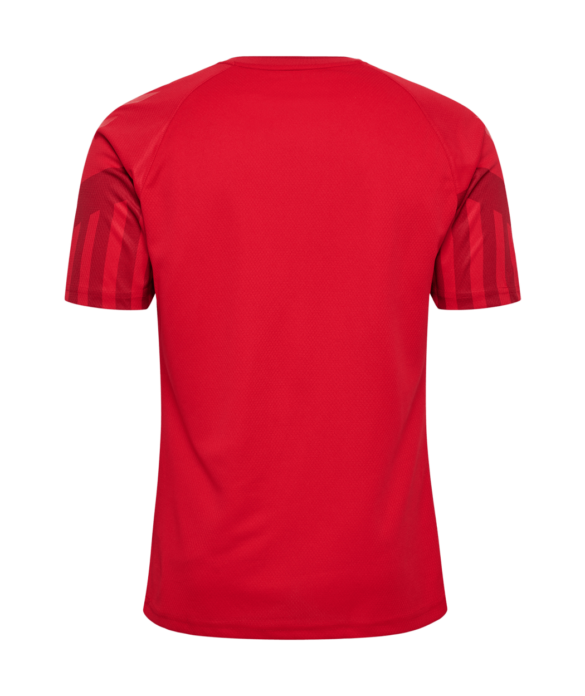 Camisa Dinamarca Home I 2022/23 Hummel Torcedor Masculina, vermelha, com escudo da seleção dinamarquesa e logo Hummel em destaque, feita em tecido leve e respirável, modelo masculino com caimento confortável, ideal para jogos e uso casual.”