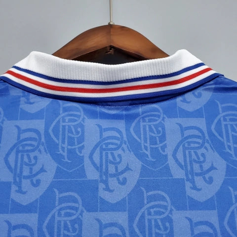 Camisa Rangers FC Home I 1996/97 Adidas Retrô Masculina Azul, uniforme retrô histórico com design clássico e escudo bordado para torcedores do Rangers FC.”