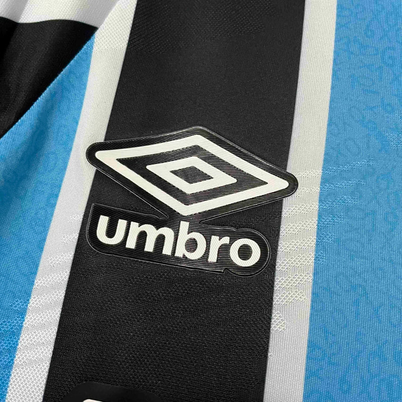 Camisa Grêmio Home 2024/25 Manga Longa Torcedor Masculina oficial, listras azul, preto e branco, escudo bordado, modelo confortável e moderno