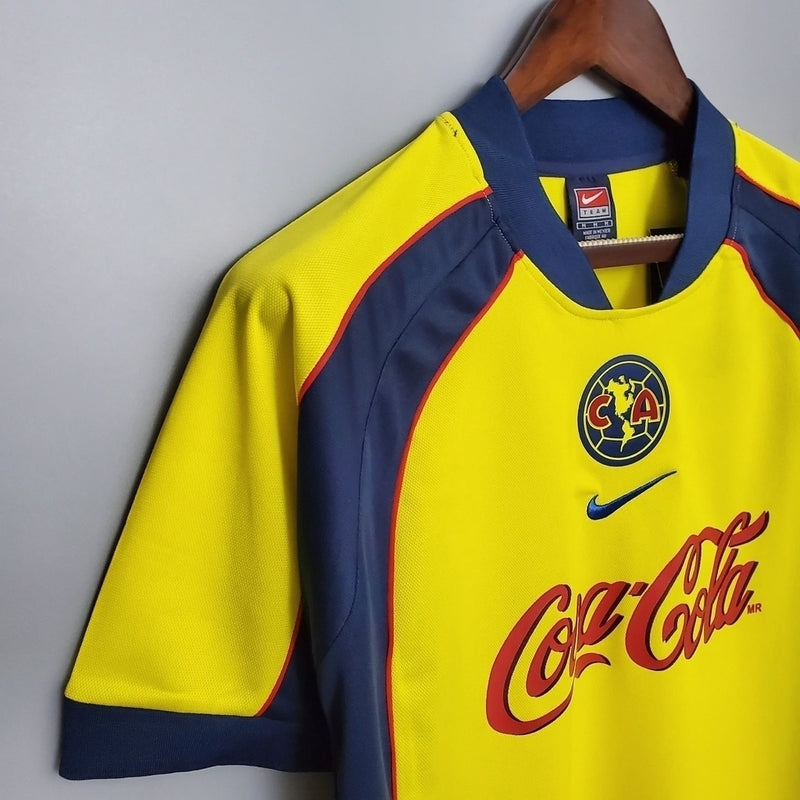 Camisa Club América Home I 2001/02 Nike Retrô Masculina Amarela, uniforme clássico anos 2000, futebol mexicano, coleção retrô das Águias"
