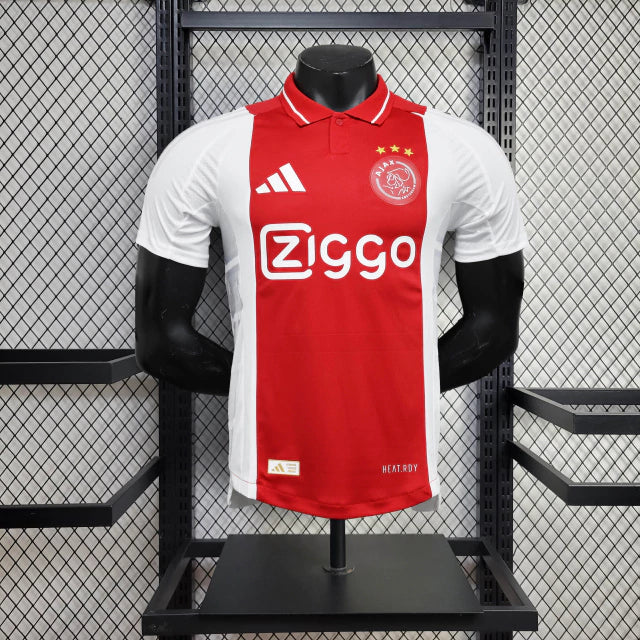 "Camisa Ajax Home (1) 2024/25 Adidas Jogador Masculina oficial, branca com faixa vermelha central, modelo player issue slim fit usado pelos jogadores do Ajax"