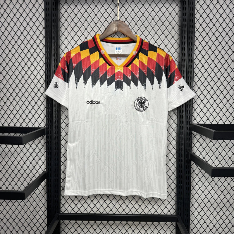 Camisa Alemanha Home I 1994/95 Adidas Retrô Masculina branca com detalhes em preto, vermelho e amarelo – modelo histórico para colecionadores e torcedores.