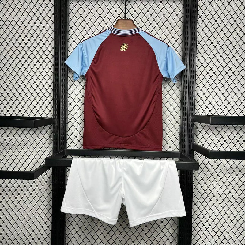 Kit Infantil Aston Villa Home I 2024/25 Adidas com camisa e short, uniforme infantil leve e respirável, ideal para jogos, treinos e jovens torcedores do Aston Villa."