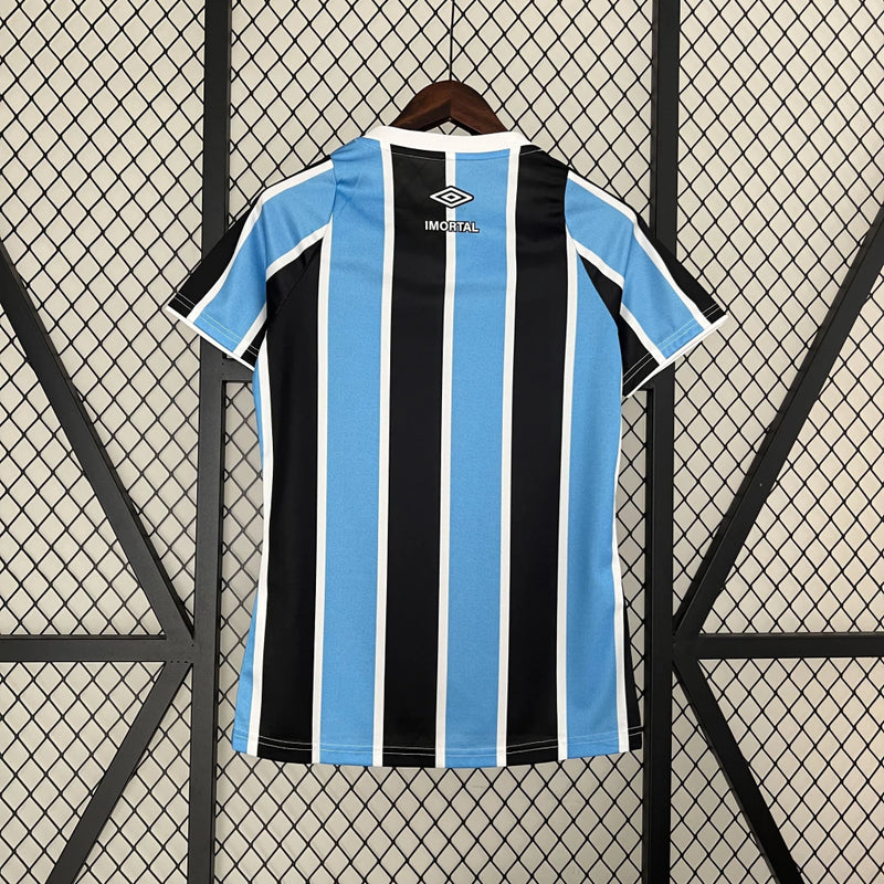 Camisa Grêmio Home 2024/25 Torcedora Feminina oficial, listras azul, preto e branco, escudo bordado, modelo confortável e moderno