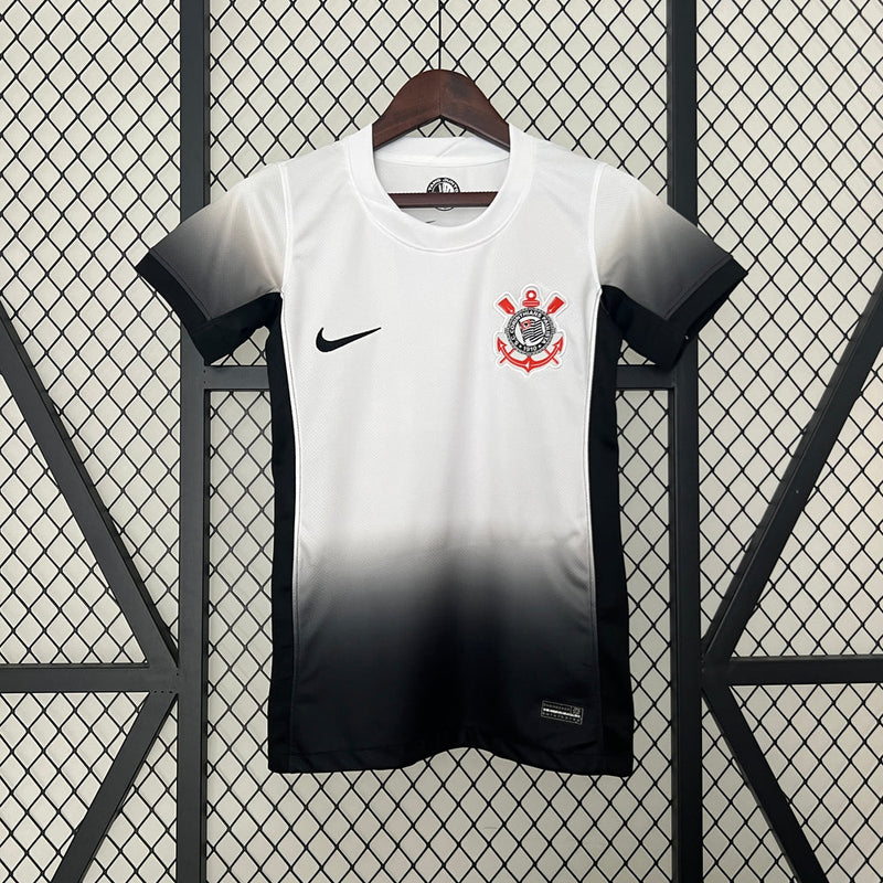 Camisa Corinthians Home 2024/25 Feminina Nike para torcedora, preta com detalhes em branco, modelo oficial do clube, ideal para fãs mulheres do Corinthians"